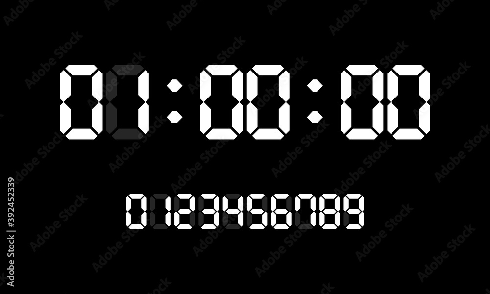 Countdown Timer With White Digital Numbers on Black Background. Vector Illustration