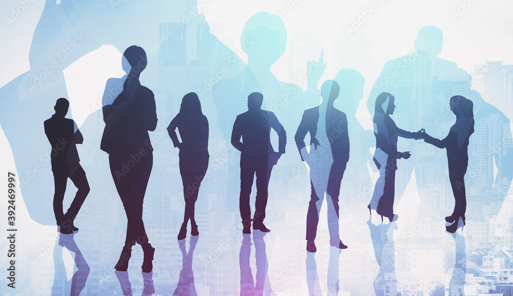 Abstract image of many business people together in group on background of city view with office buil