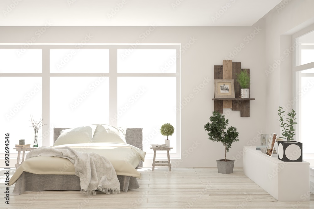 White bedroom interior. Scandinavian design. 3D illustration