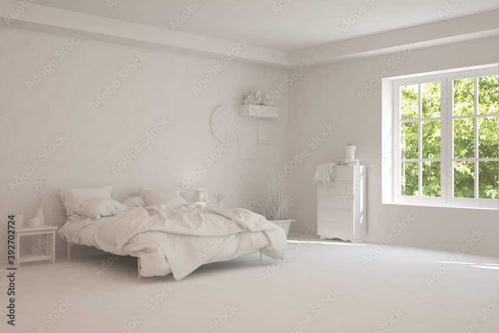 Stylish bedroom in white color with summer landscape in window. Scandinavian interior design. 3D ill