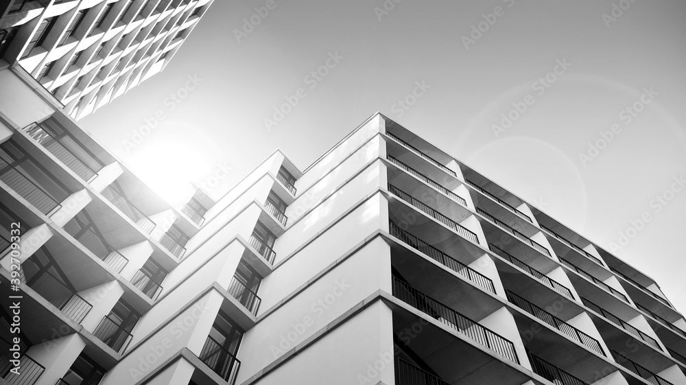 Detail of modern residential flat apartment building exterior. Fragment of new luxury house and home