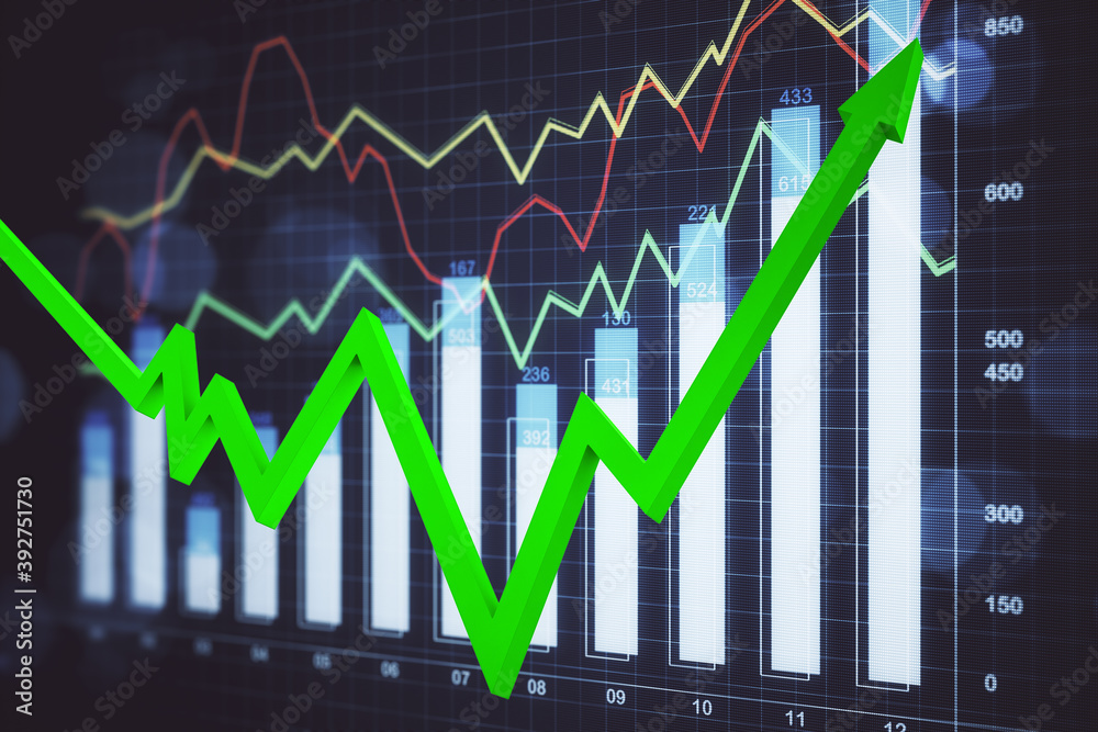 Glowing business charts with green arrow