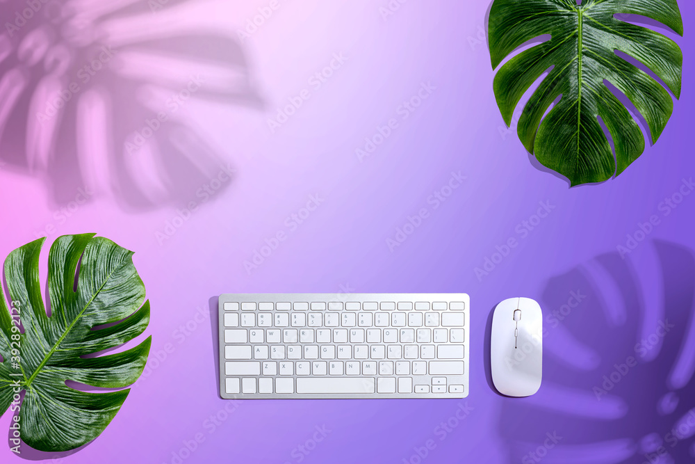 Computer keyboard with tropical leaves and shadow - flat lay