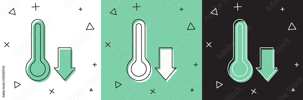将气象温度计测量图标隔离在白色和绿色、黑色背景上。温度计