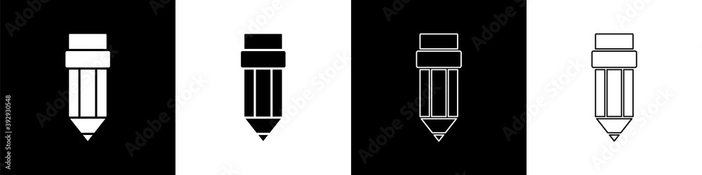 Set Pencil with eraser icon isolated on black and white background. Drawing and educational tools. S