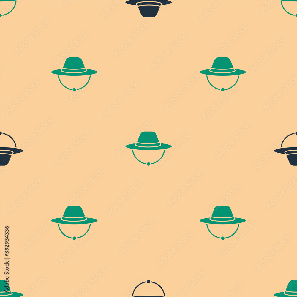 Green and black Camping hat icon isolated seamless pattern on beige background. Beach hat panama. Ex