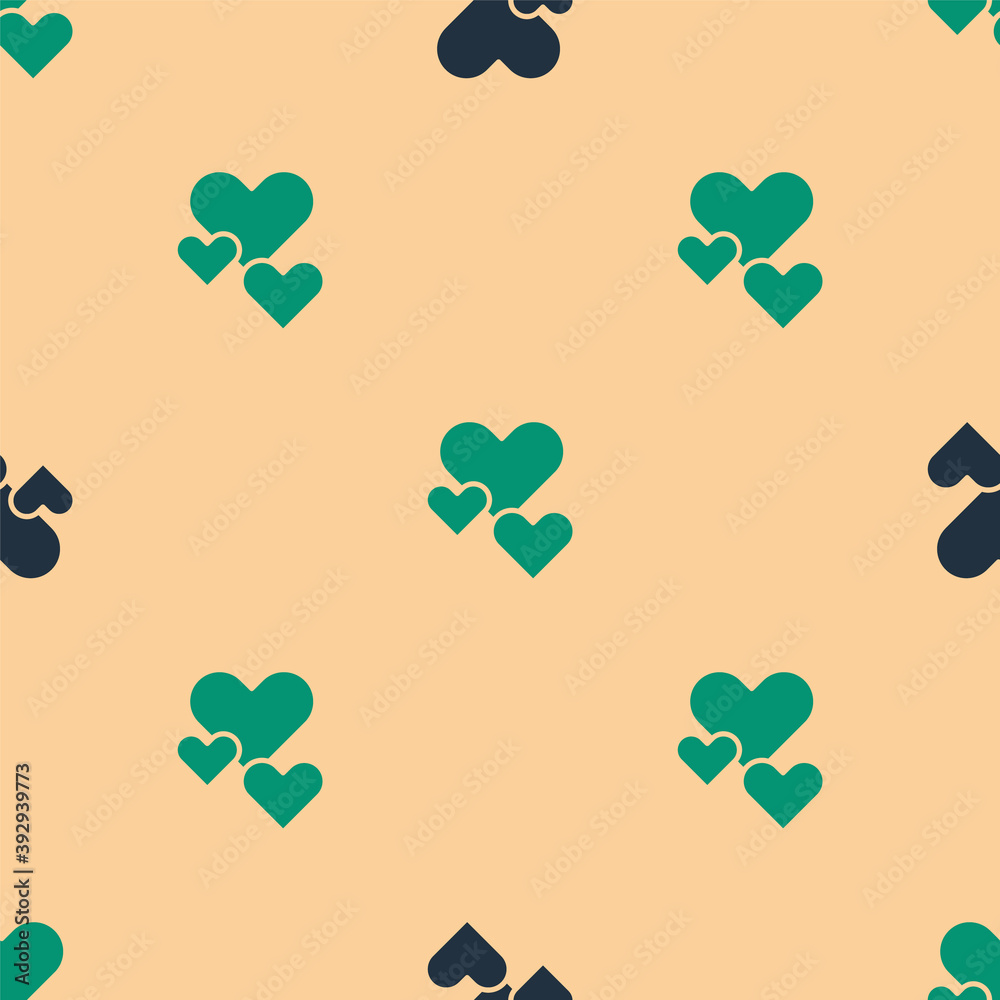 Green and black Heart icon isolated seamless pattern on beige background. Romantic symbol linked, jo