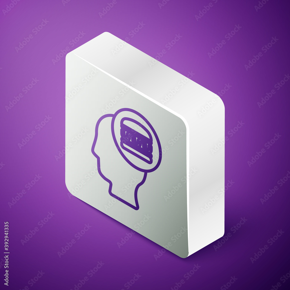 Isometric line Online ordering and fast food delivery icon isolated on purple background. Silver squ