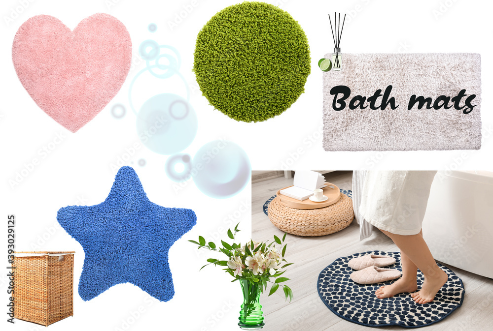 Collage with different stylish mats for bathroom on white background