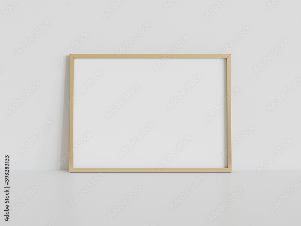 Golden frame leaning on white floor in interior mockup. Template of a picture framed on a wall 3D re