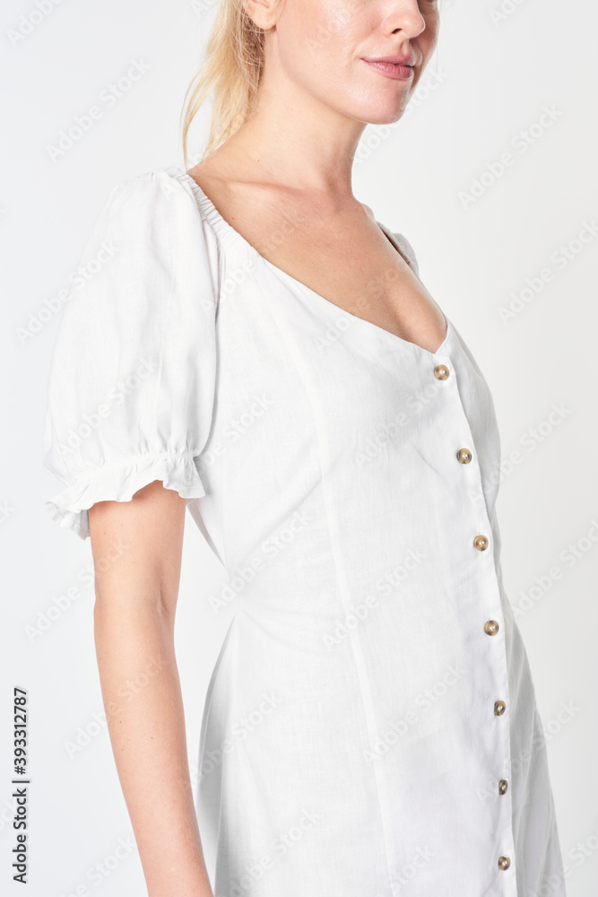 Blonde woman wearing a white buttoned dress mockup