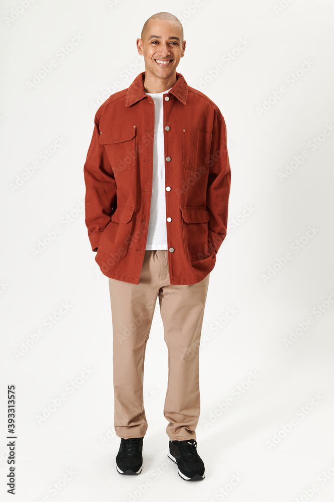 Happy man in a red jacket mockup