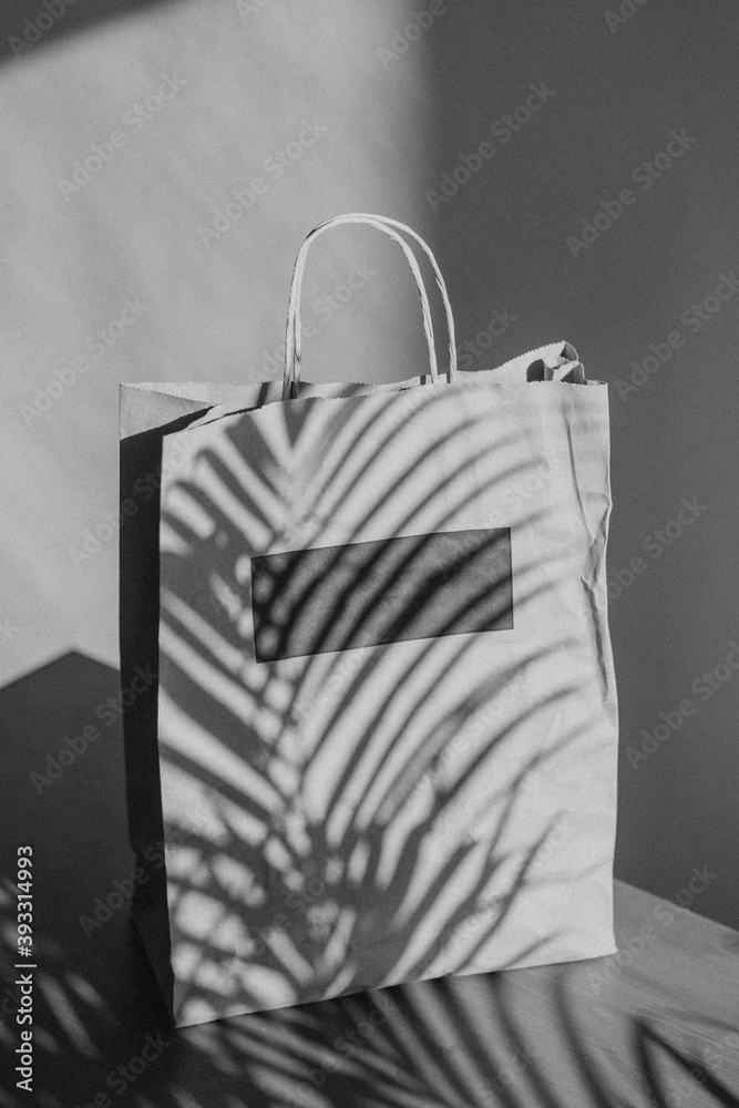 Natural paper bag with palm leaves shadow