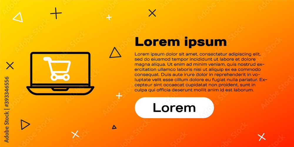 Line Shopping cart on screen笔记本电脑图标隔离在黄色背景上。概念电子商务，电子商务