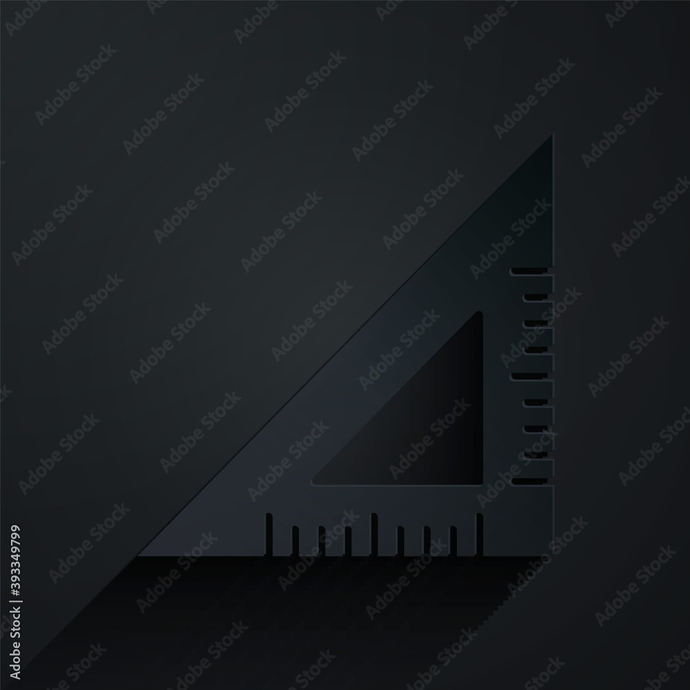 Paper cut Triangular ruler icon isolated on black background. Straightedge symbol. Geometric symbol.