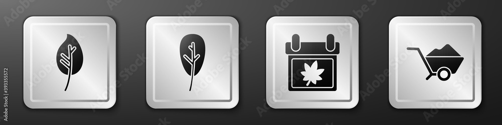 Set Leaf or leaves, Leaf or leaves, Calendar with autumn leaves and Wheelbarrow with dirt icon. Silv