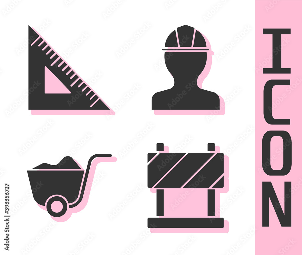 Set Road barrier, Triangular ruler, Shovel and Worker safety helmet icon. Vector.