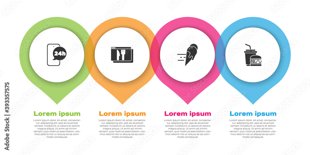 设置食品订购、在线和配送、冰淇淋和纸玻璃汉堡。商业信息图templ