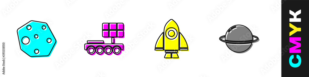 设置小行星、火星车、火箭船和土星图标。矢量。