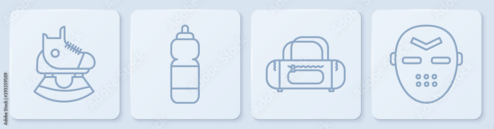 套牌滑板、运动包、健身摇壶和冰球面罩。白色方形按钮。矢量。