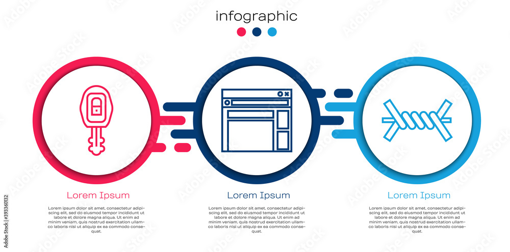 Set line Car key with remote，Website template and Barbed wire.Business infographic template.Vecto（带遥