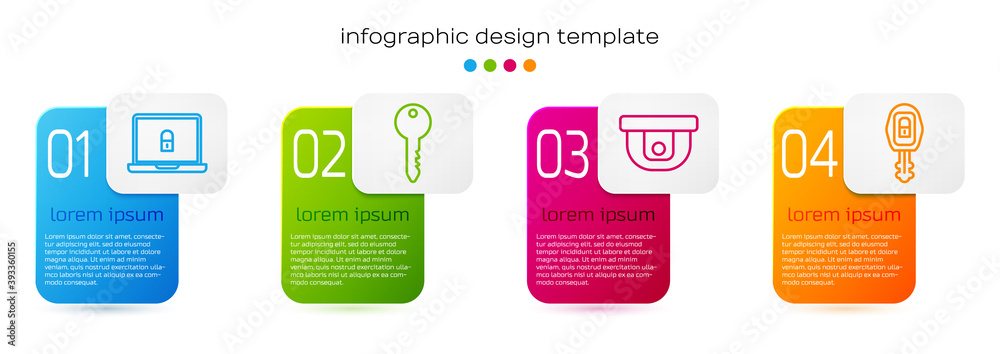 带遥控器的笔记本电脑和锁、钥匙、运动传感器和车钥匙。商业信息图模板。