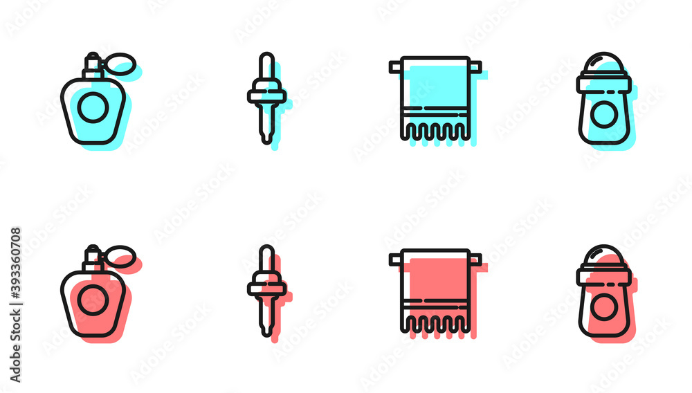 衣架上的毛巾、香水、吸液管和止汗除臭剂卷图标。矢量。