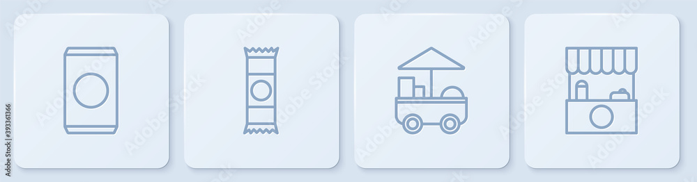 带吸管的袋装苏打罐、快餐车、巧克力棒和街头摊位遮阳篷。白色平方米