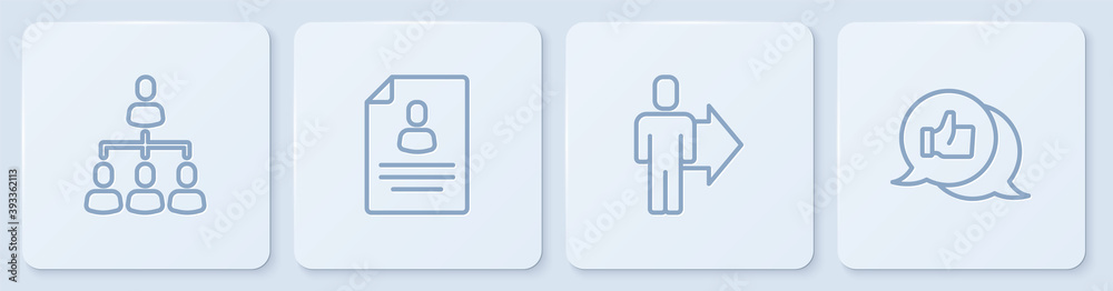 设置线条层次结构组织图、团队领导、简历和手写。白色方形按钮。矢量。