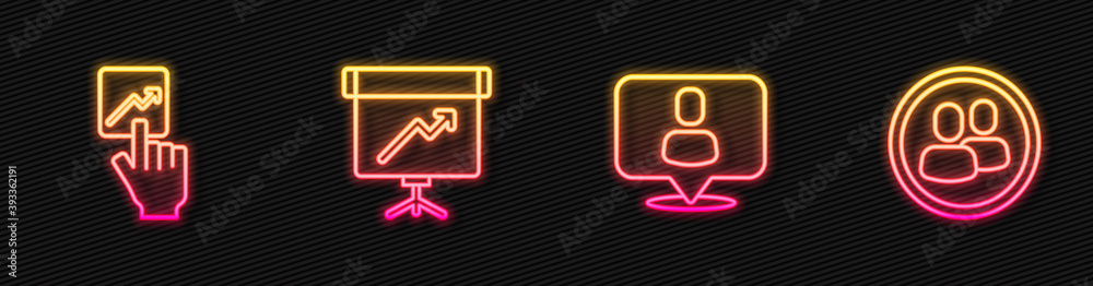 Set line Head hunting, Team leader, Chalkboard with diagram and Project team base. Glowing neon icon