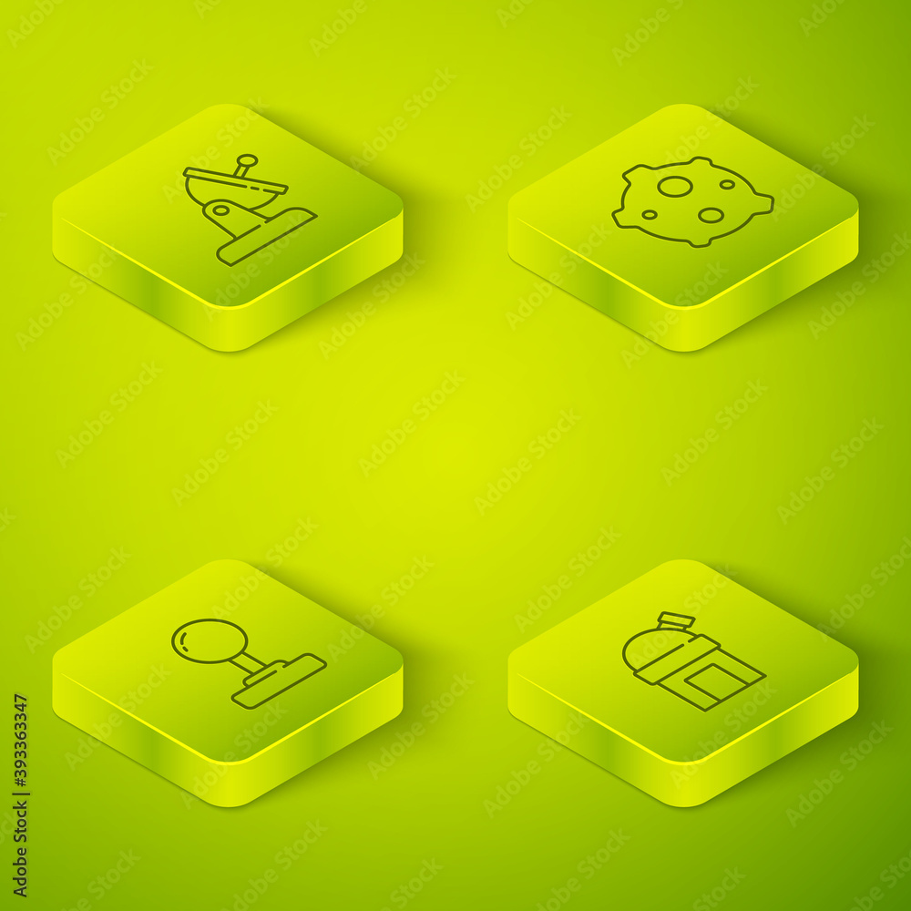 Set Isometric line Asteroid, Joystick, Astronomical observatory and Satellite dish icon. Vector.