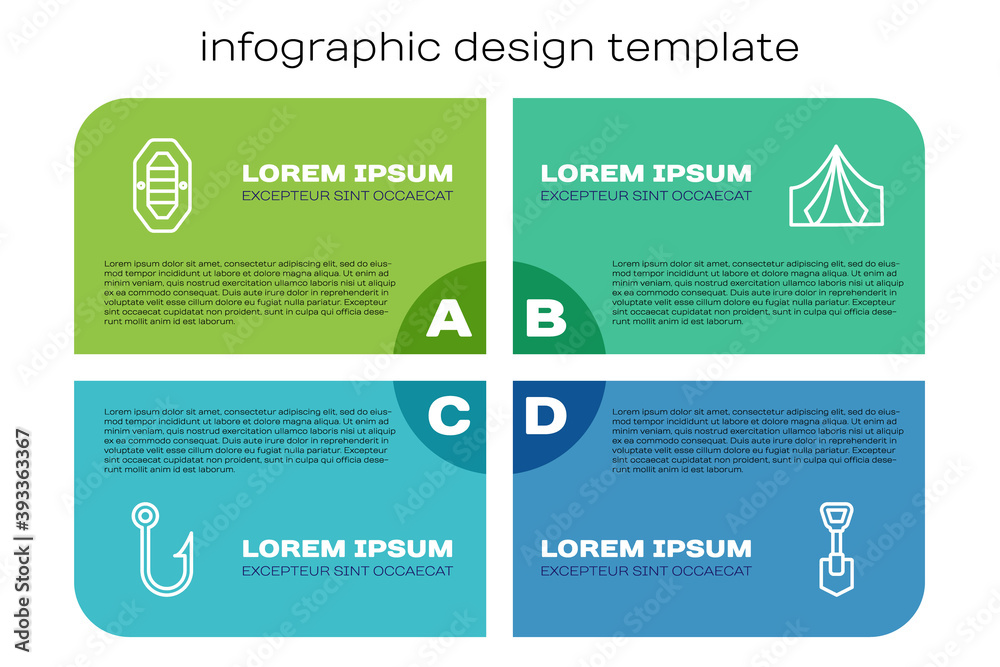 Set line Fishing hook, Rafting boat, Shovel and Tourist tent. Business infographic template. Vector.