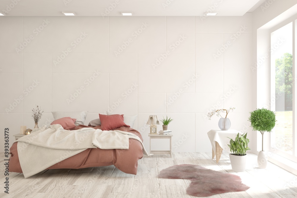 White bedroom interior. Scandinavian design. 3D illustration