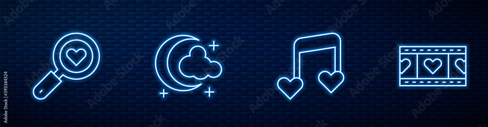 Set line Music note, tone with hearts, Search and love, Moon stars and Play Video. Glowing neon icon