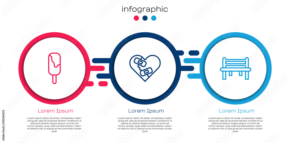 Set line Ice cream, Healed broken heart and Romantic bench. Business infographic template. Vector.