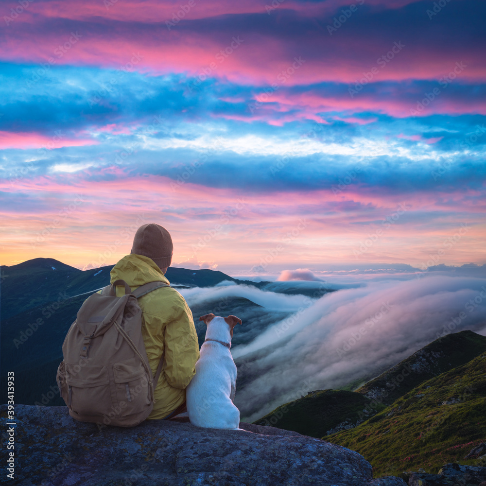 Alone tourist sitting on the edge of the cliff with white dog against the backdrop of an incredible 