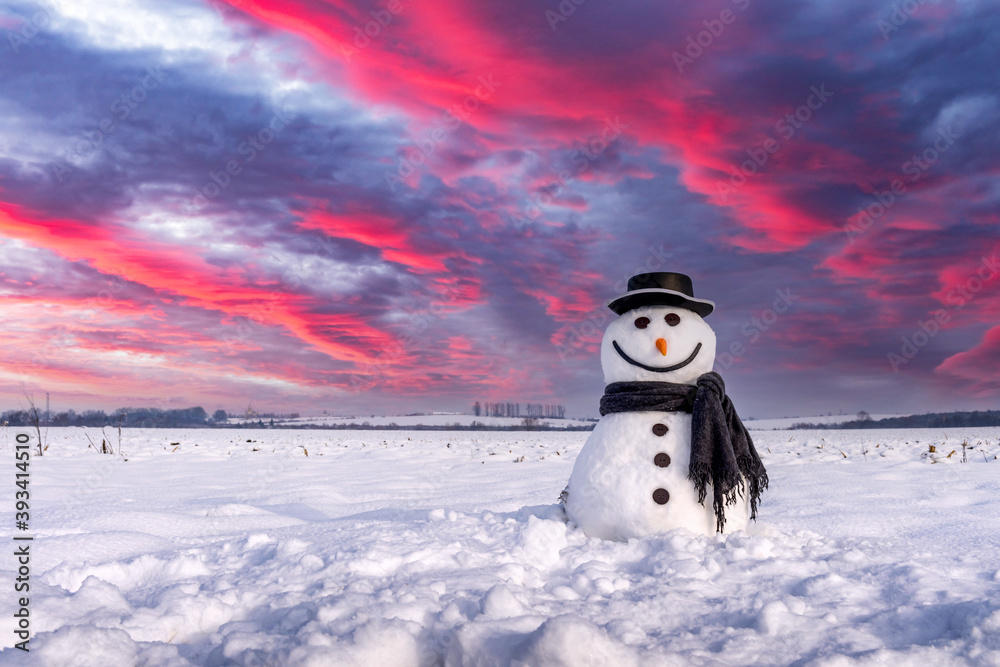 日落时分，雪地上戴着时尚帽子和黑色鳞屑的滑稽雪人。带着紫色斗篷的史诗般的天空