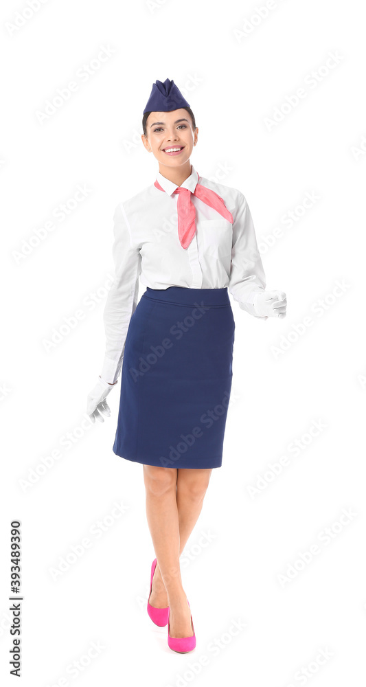 Beautiful stewardess on white background