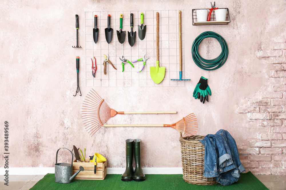 Different gardening supplies in barn