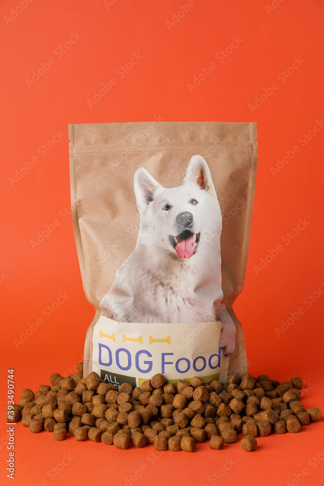 Tasty pet food on color background