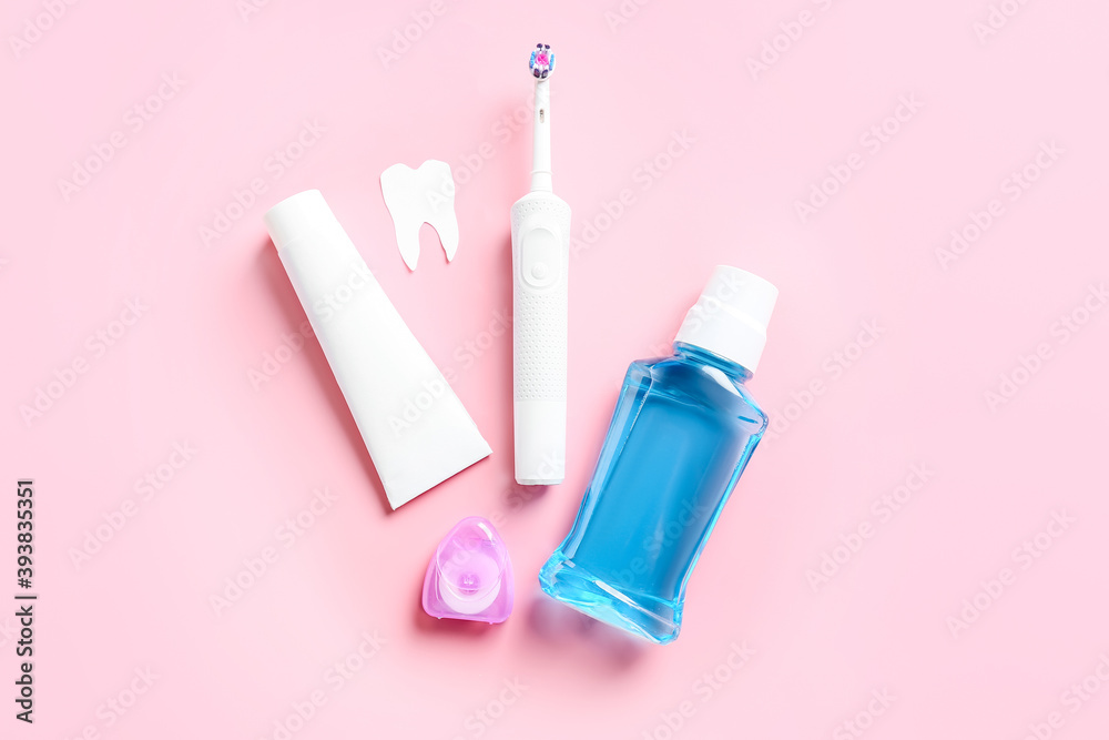 Set for oral hygiene on color background