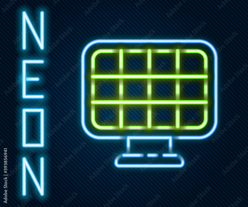 Glowing neon line Solar energy panel icon isolated on black background. Colorful outline concept. Ve