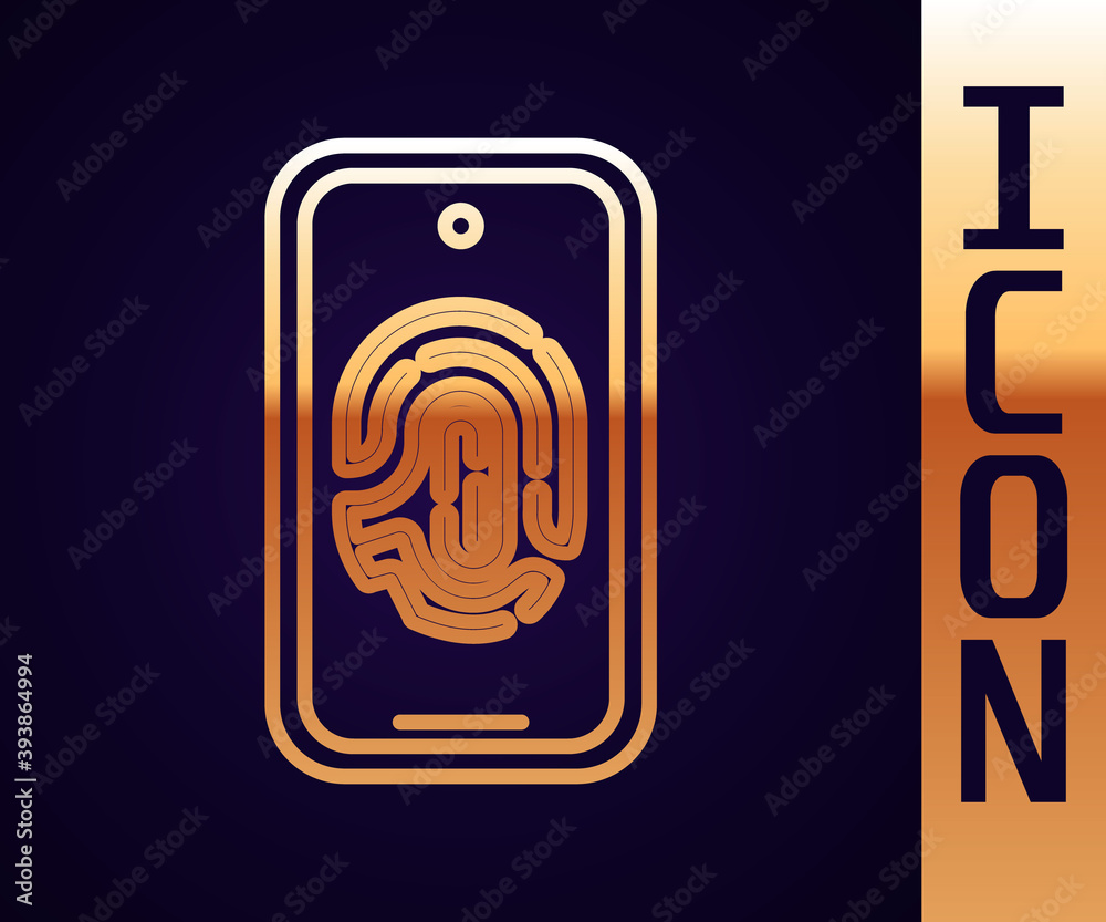 Gold line Smartphone with fingerprint scanner icon isolated on black background. Concept of security