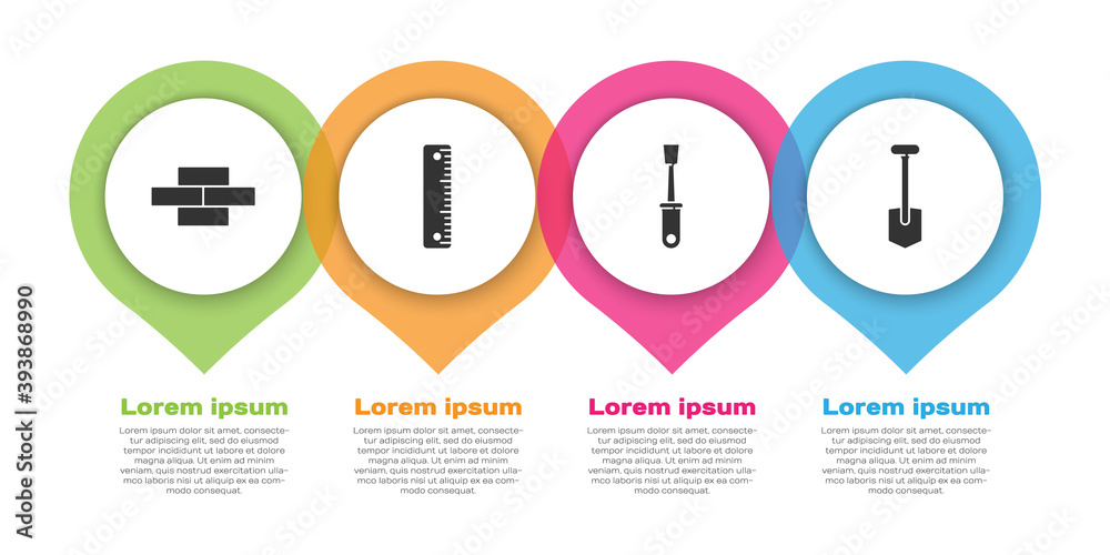 套装砖块、尺子、螺丝刀和铲子。商业信息图模板。矢量。
