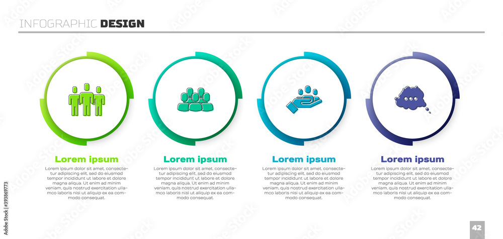 Set Users group, Project team base, Hand for search people and Speech bubble chat. Business infograp