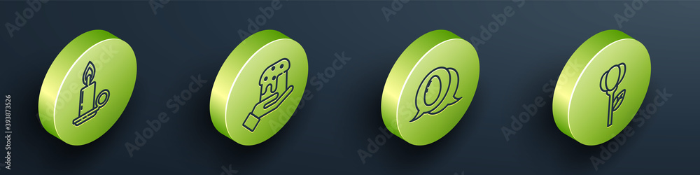 Set Isometric Burning candle in candlestick, Human hand and easter cake, Speech bubble with easter e