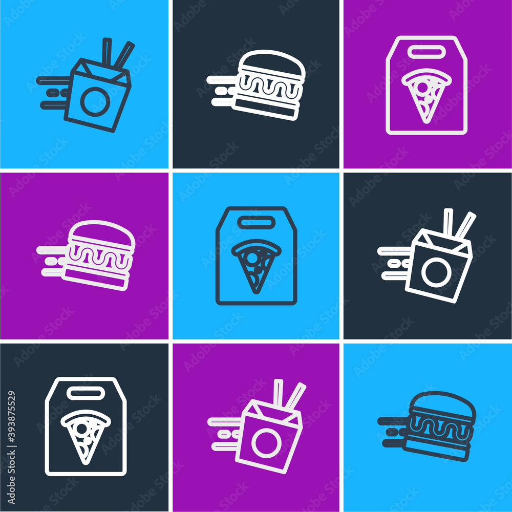 Set line Online ordering noodles delivery, pizza and burger icon. Vector.