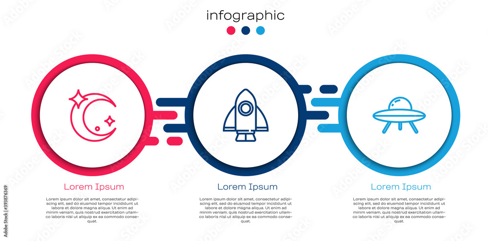 设定月亮和星星、火箭船和UFO飞行飞船的路线。商业信息图表模板。矢量