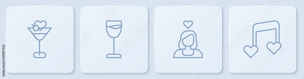 Set line Martini glass, Couple love, Wine and Music note, tone with hearts. White square button. Vec