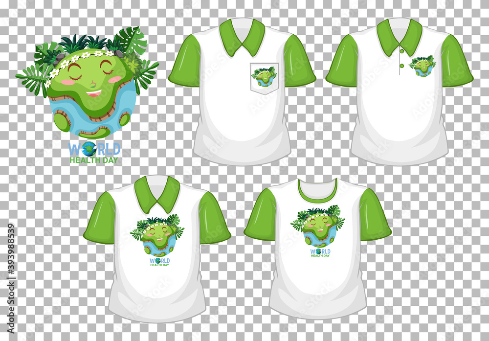 World healthday logo and set of white shirt with green short sleeves isolated on transparent backgro